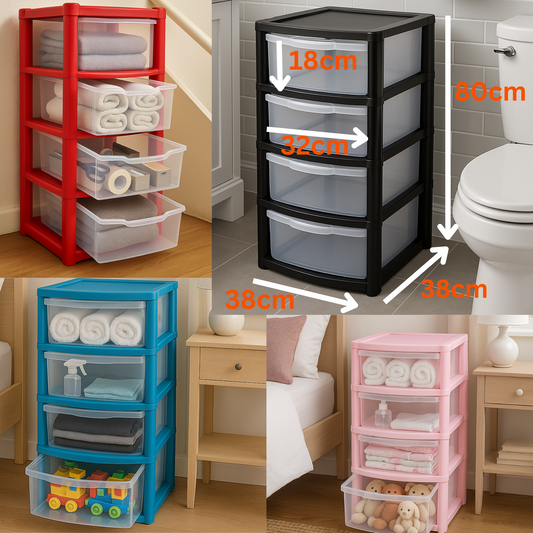 4 Drawers Plastic Storage Tower Unit Organizer Home Office School Desktop Clear Storage Chest for Clothes Toys Art Supplies Stationary Shoes