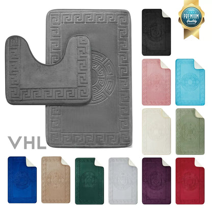 GREEK BATH MAT SET 2 PIECE EMBOSSED MEMORY FOAM NON SLIP PEDESTAL TOILET RUGS