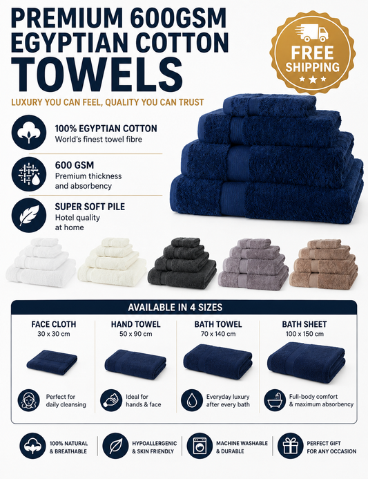 600 GSM Egyptian Cotton Luxury Towels – Super Soft Face Hand Bath Sheet