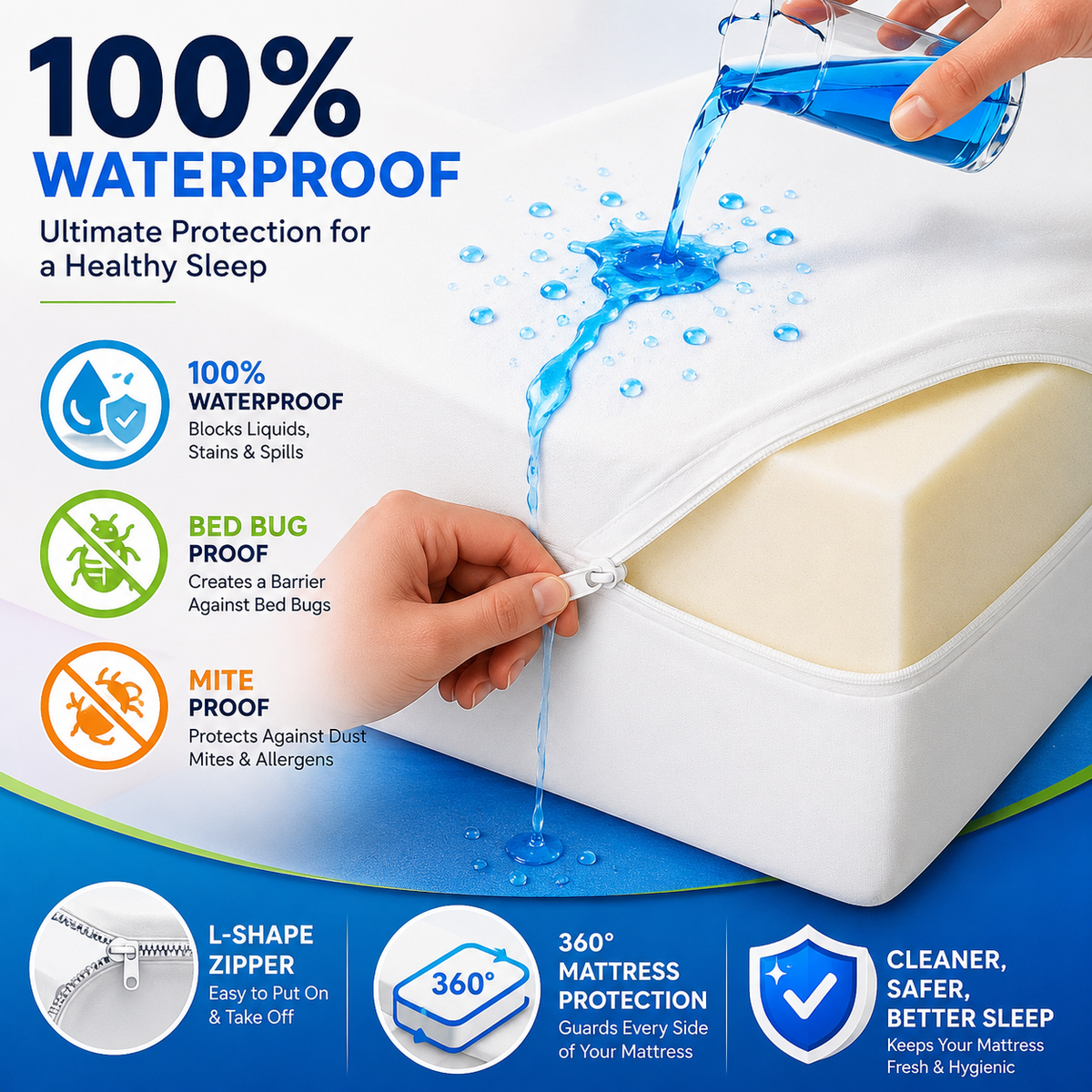 Waterproof Anti Bug Zipped Mattress Protector – Total Encasement Cover All Sizes