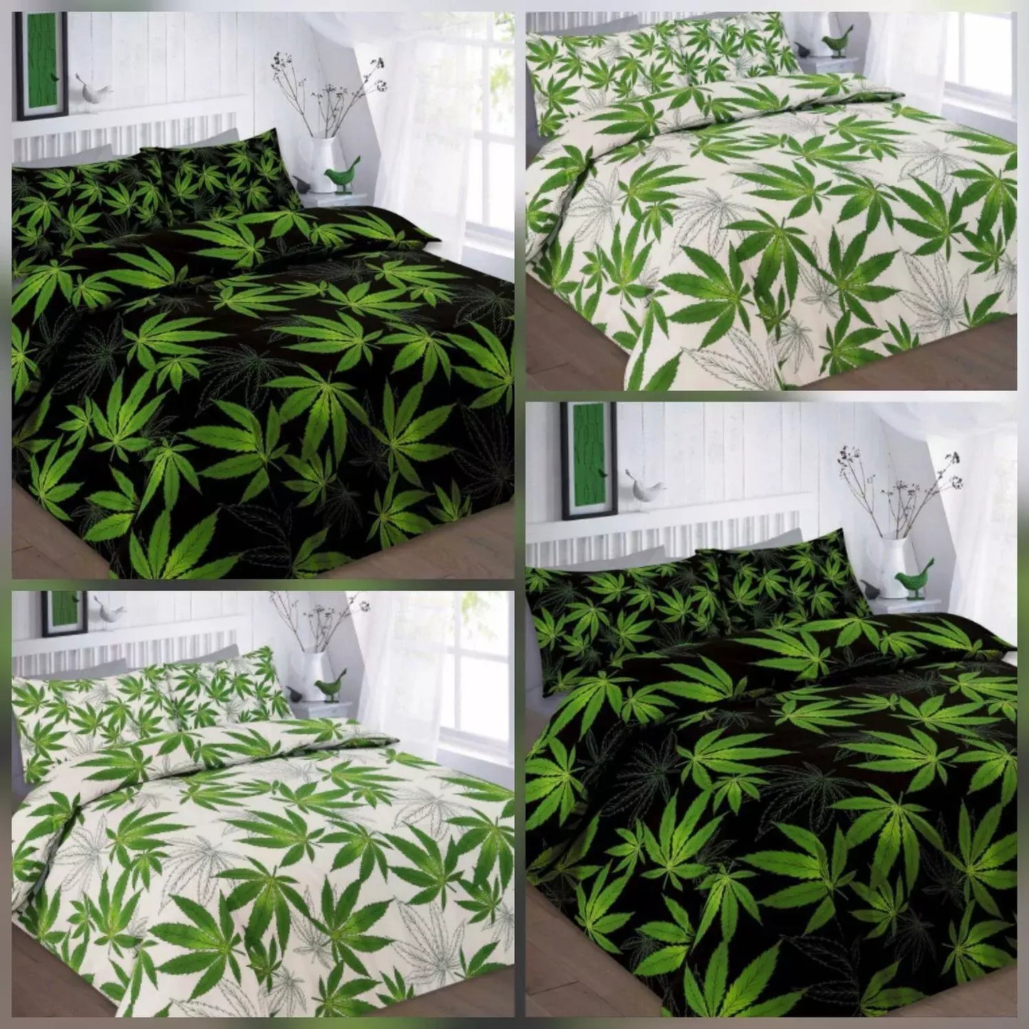 Cannabis Marijuana Leaf Weed Green Print Duvet Cover and Pillowcase Bedding Set