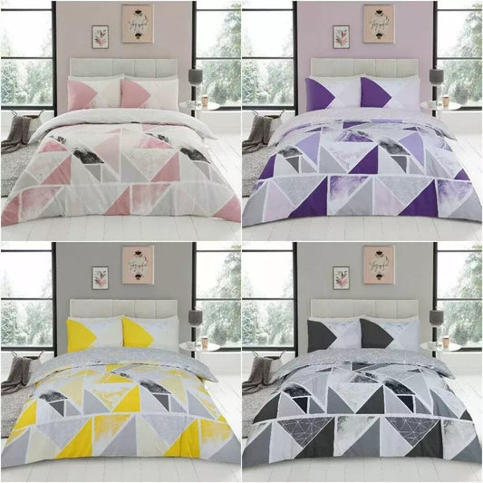 Mila Triangles Marble Stripes Duvet Quilt Cover & Pillow Case Bedding Set Pink