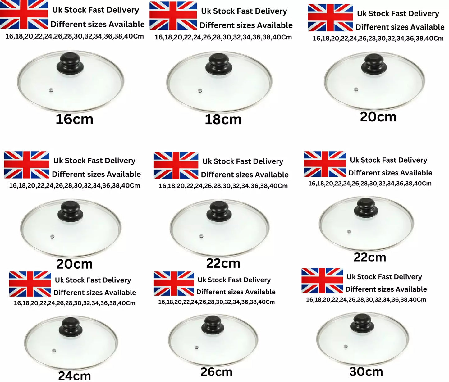 Glass Lids Saucepan Wok Casserole Frying Pan Lid 16 18 20 22 24 26 28 30 32 34cm