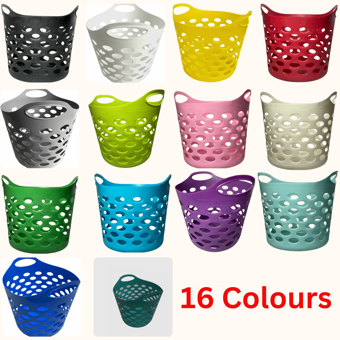 30L Plastic Laundry Basket With Handles Flexi Large Storage Round Hipster Hamper For Clothes Nursery & Home Organisation 13 Colours