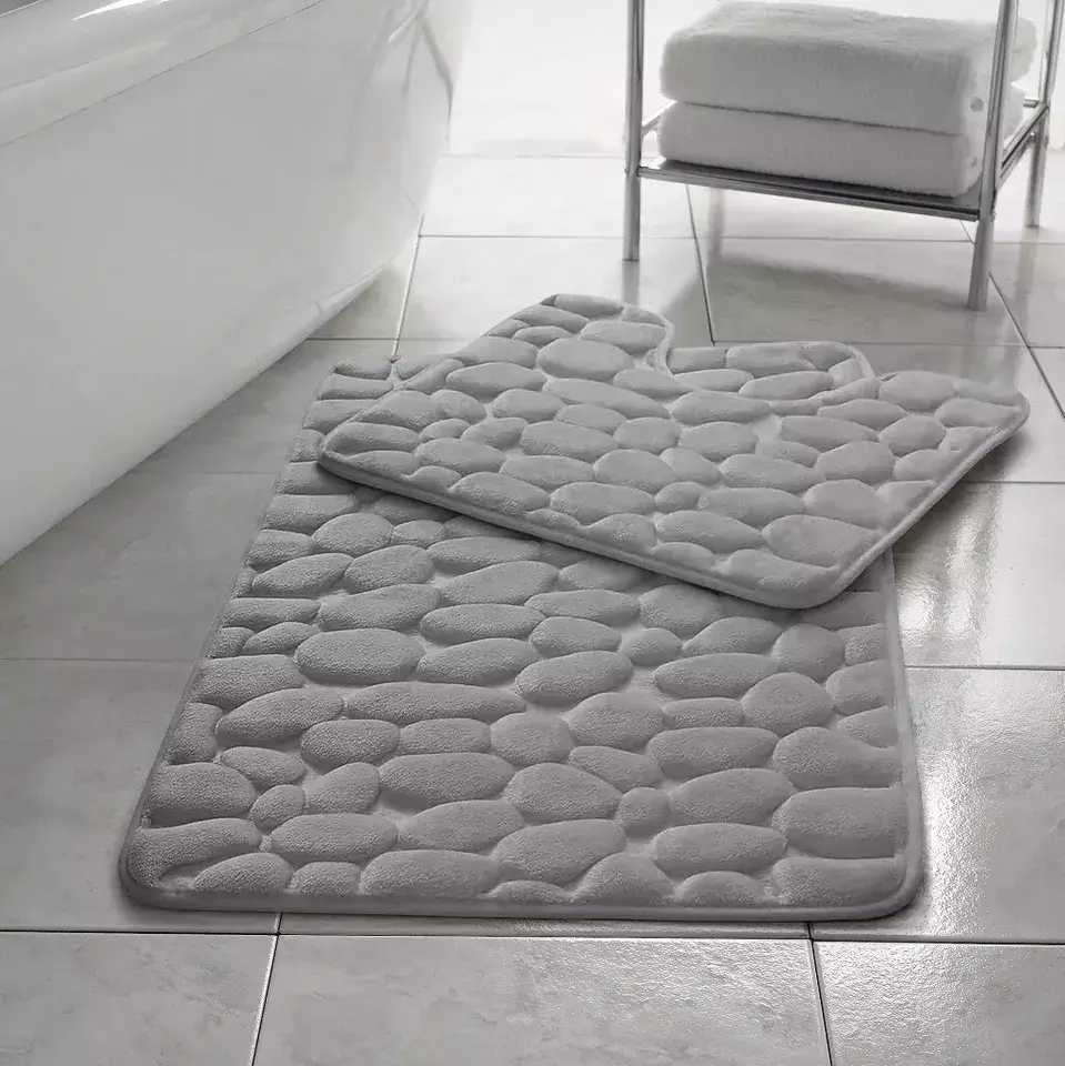 Memory Foam Pebble Memory Foam Pebble Bath Mat Set Pedestal Bathroom Rug 2 Piece Soft Absorbent Non Slip Silver Bath Mat (50CM X 80 CM) & Pedestal Mat (50CM X 40 CM) Approximate