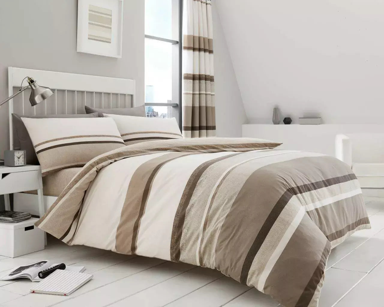 Hudson Stripe Duvet Quilt Cover & Pillow Case Bedding Set Grey Natural Teal