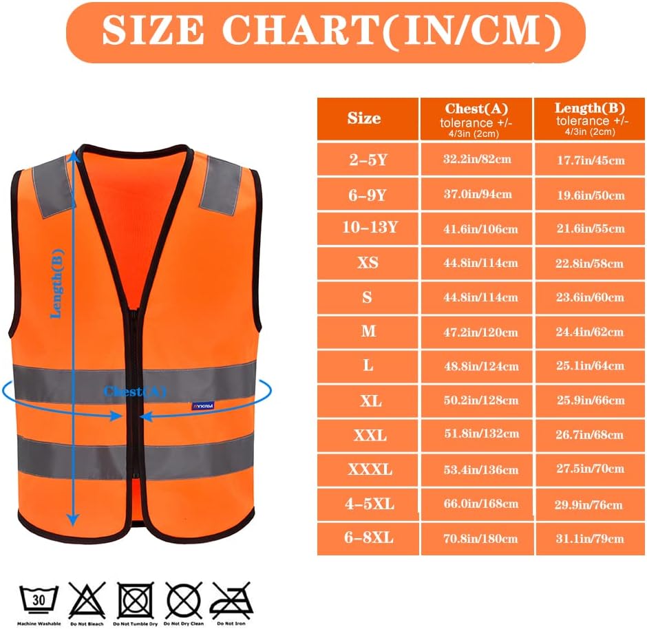 Zipped High Visibility Hi Viz Vest Waistcoat high vis Safety hi vis vest For Men's and Women's Lightweight and Comfortable Safety Vests, Standard Size Reflective Safety Vest(XXS-XXL)