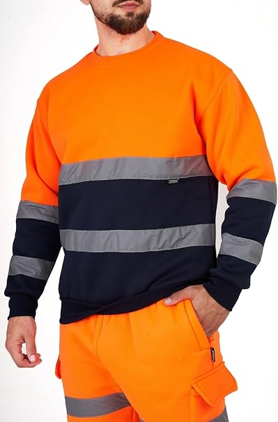 Men’s Hi Vis Work Safety Fleece Jumpers Two Tone Crew Neck Sweatshirt Security Workwear Pullover Top