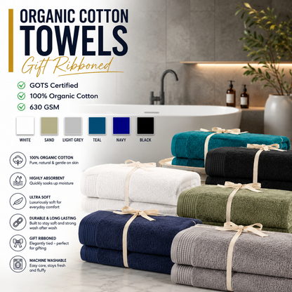 100% Pure Organic Cotton Gift-Ribboned Towels — 630 GSM GOTS Certified Luxury (Face, Hand, Bath, Sheet)