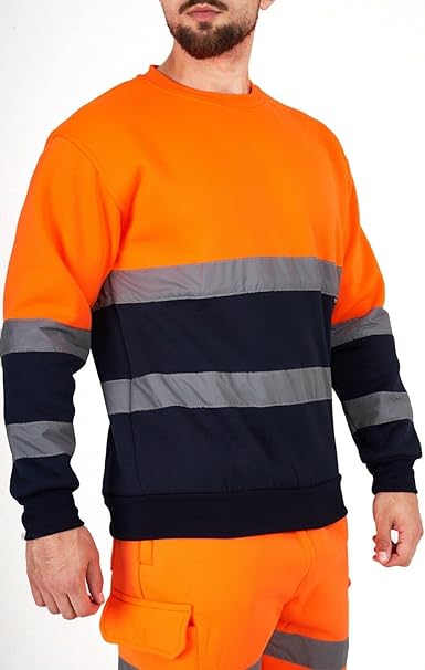 Men’s Hi Vis Work Safety Fleece Jumpers Two Tone Crew Neck Sweatshirt Security Workwear Pullover Top