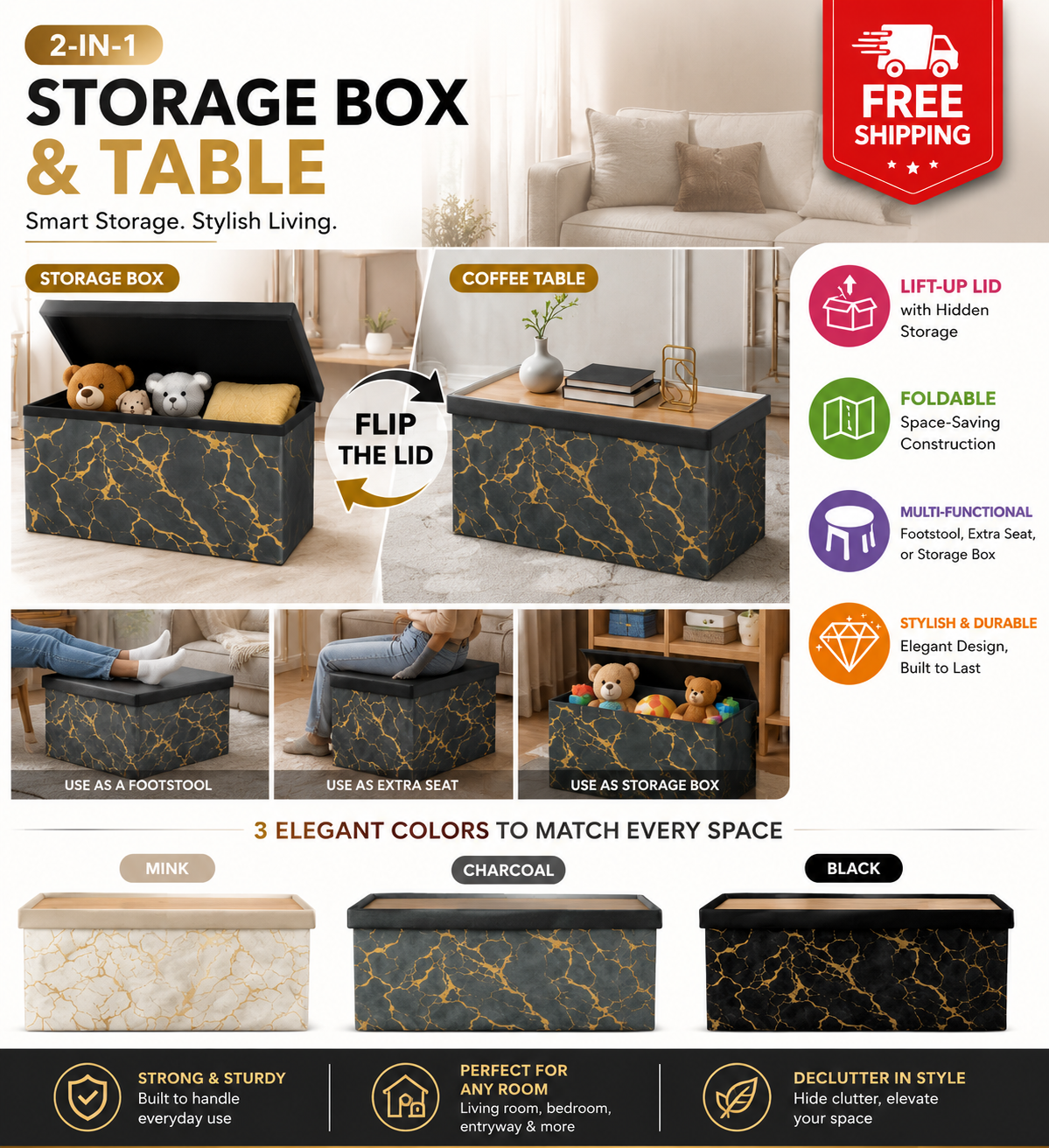 2 in 1 Ottoman Storage Box – Foldable Linen Footstool with Lid | Leviev