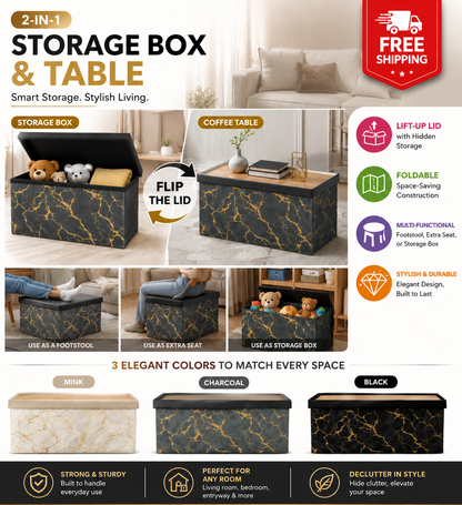 2 in 1 Ottoman Storage Box – Foldable Linen Footstool with Lid | Leviev