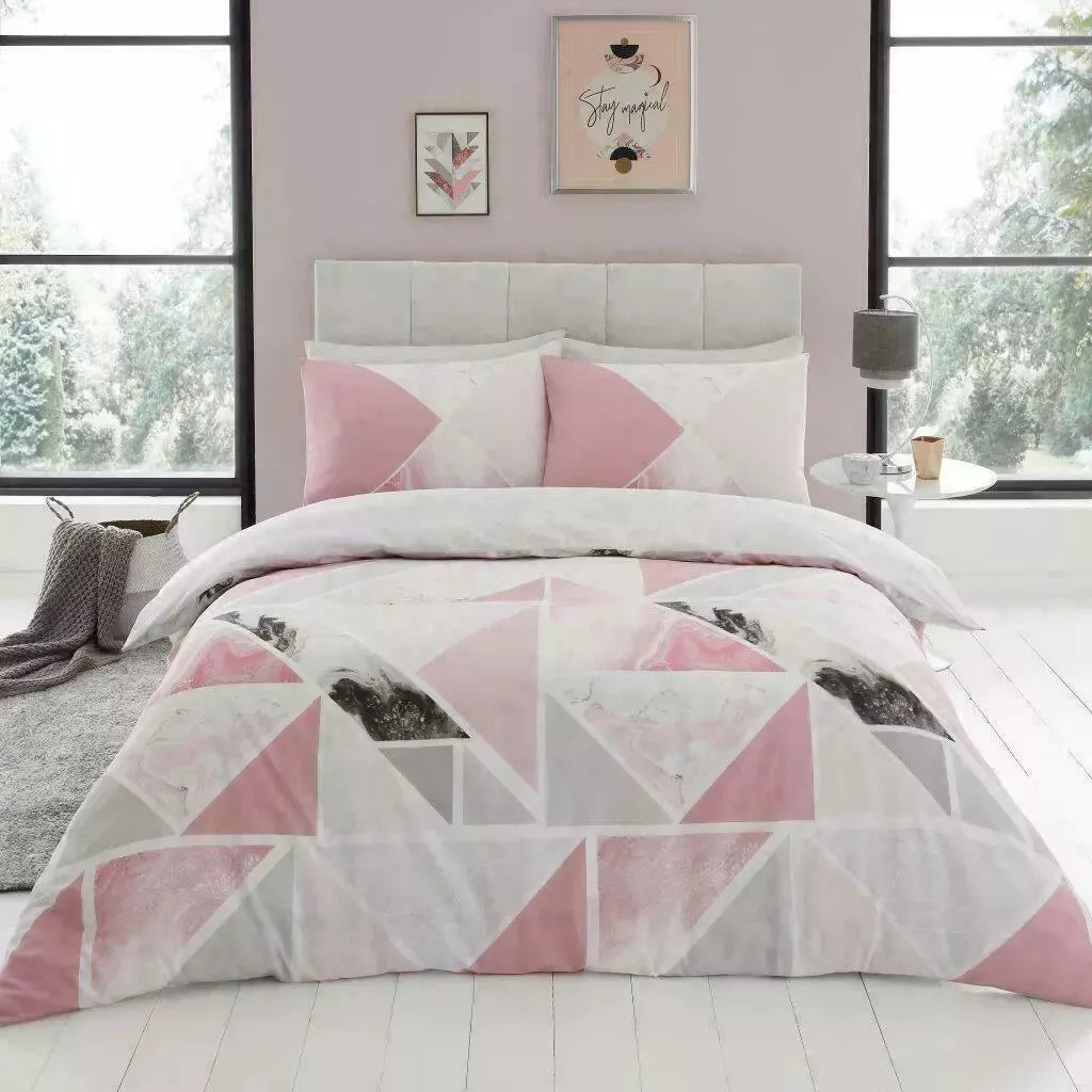 Mila Triangles Marble Stripes Duvet Quilt Cover & Pillow Case Bedding Set Pink