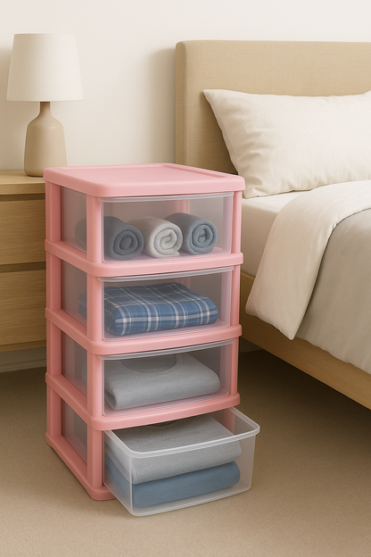 4 Drawers Plastic Storage Tower Unit Organizer Home Office School Desktop Clear Storage Chest for Clothes Toys Art Supplies Stationary Shoes