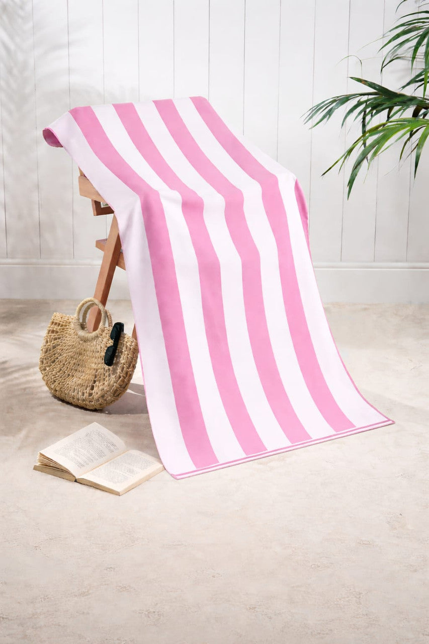Classic Cabana Pink Stripe Microfibre Beach Towel 70x150cm quick-dry sand-free with nautical icons