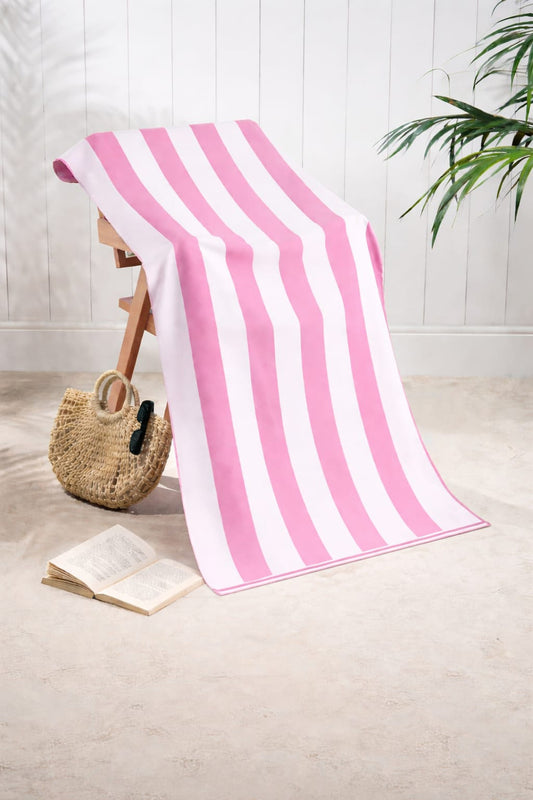 Classic Cabana Pink Stripe Microfibre Beach Towel 70x150cm quick-dry sand-free with nautical icons