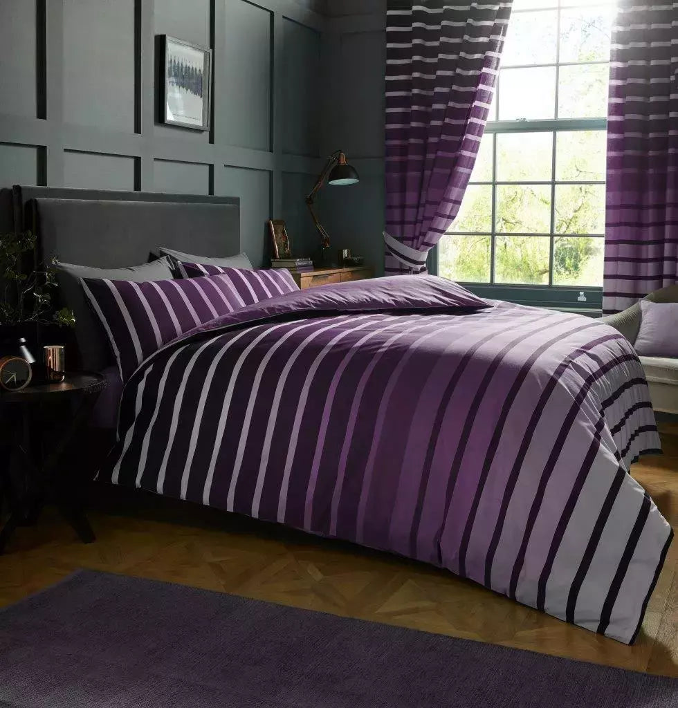 Oscar Stripe Duvet Quilt Cover & Pillow Case Bedding Set Grey Purple Teal