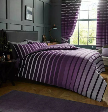 Oscar Stripe Duvet Quilt Cover & Pillow Case Bedding Set Grey Purple Teal