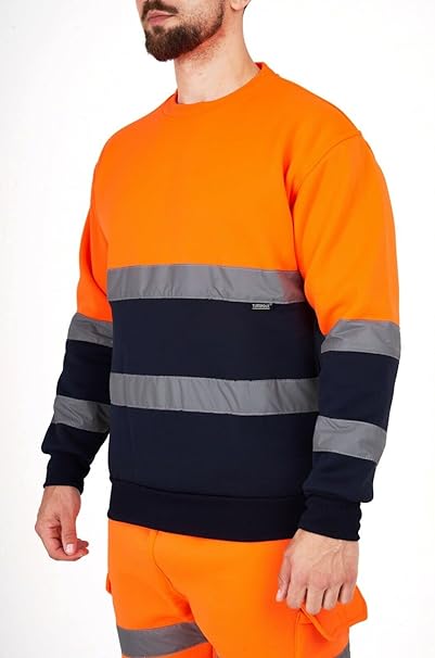 Men’s Hi Vis Work Safety Fleece Jumpers Two Tone Crew Neck Sweatshirt Security Workwear Pullover Top