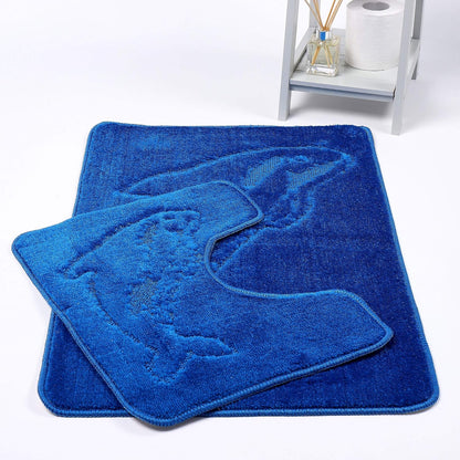 Dolphin Bath Mat Set 2 Piece Non Slip Water Absorbent Pedestal and Bath Mat Set Toilet Bathroom Rug