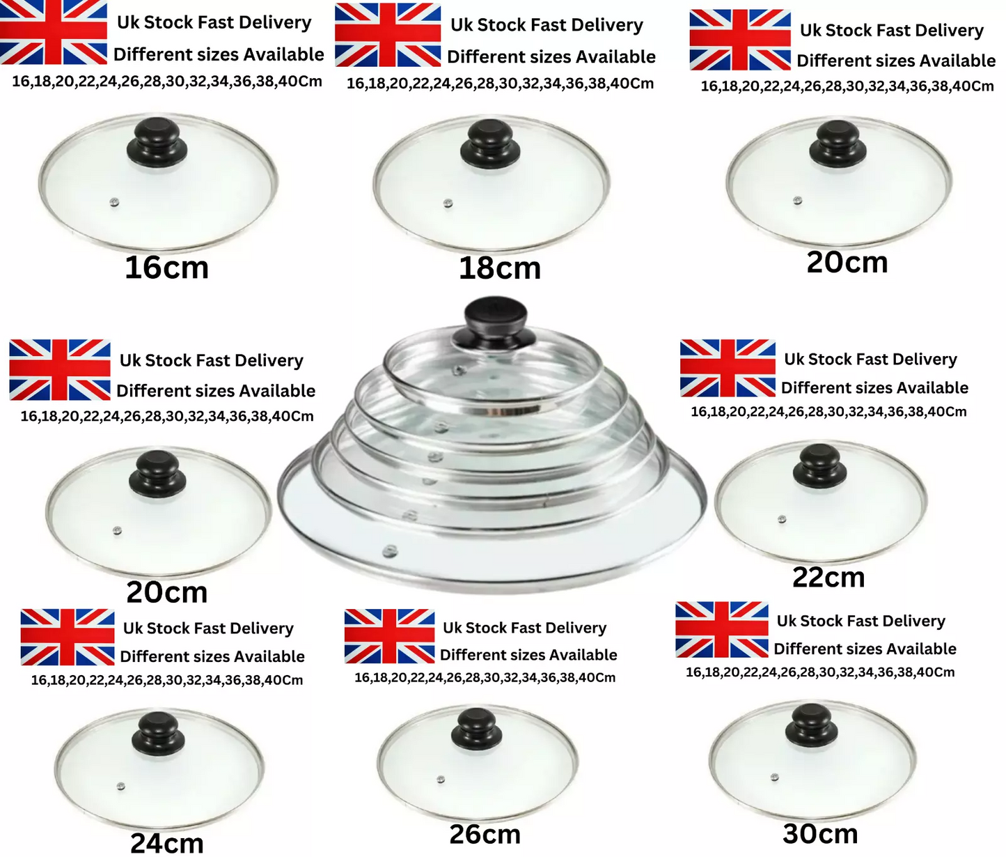 Glass Lids Saucepan Wok Casserole Frying Pan Lid 16 18 20 22 24 26 28 30 32 34cm