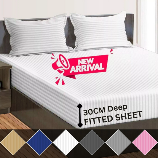 Egyptian Cotton Striped Fitted Sheet 30 cm Extra Deep 400 TC Bedding All Sizes