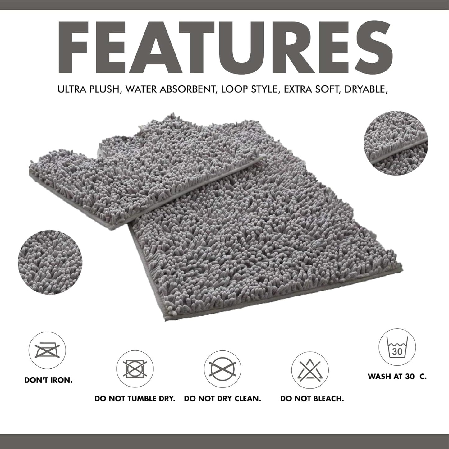 2 Piece Loop Bath Mats for Bathroom - Non Slip Chenille Bath Mat Set Rugs, Extra Soft with Water Absorbent Pedestal Bathmat Shower Toilet Mat