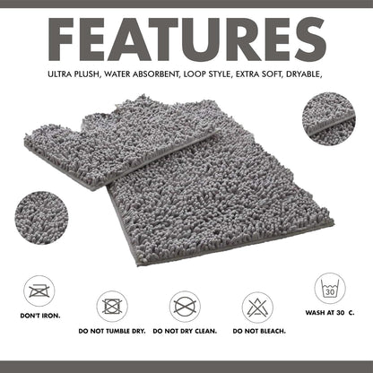 2 Piece Loop Bath Mats for Bathroom - Non Slip Chenille Bath Mat Set Rugs, Extra Soft with Water Absorbent Pedestal Bathmat Shower Toilet Mat