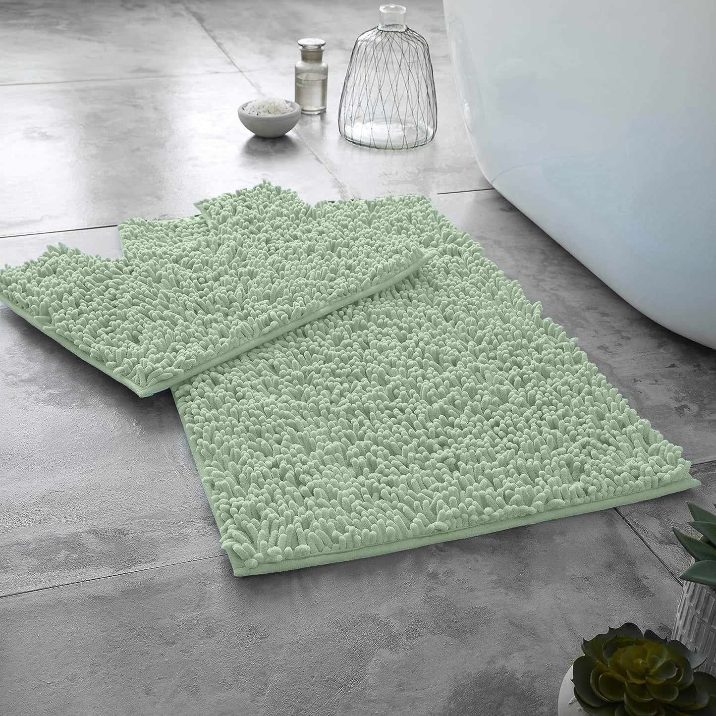 2 Piece Loop Bath Mats for Bathroom - Non Slip Chenille Bath Mat Set Rugs, Extra Soft with Water Absorbent Pedestal Bathmat Shower Toilet Mat