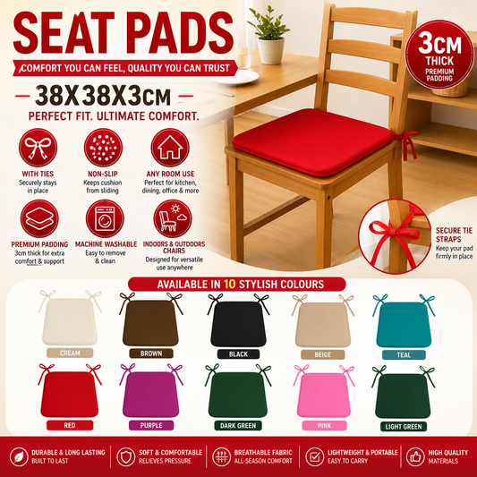 3cm Thick Tie-On Chair Cushions – Indoor Outdoor Seat Pads Square 38x38cm