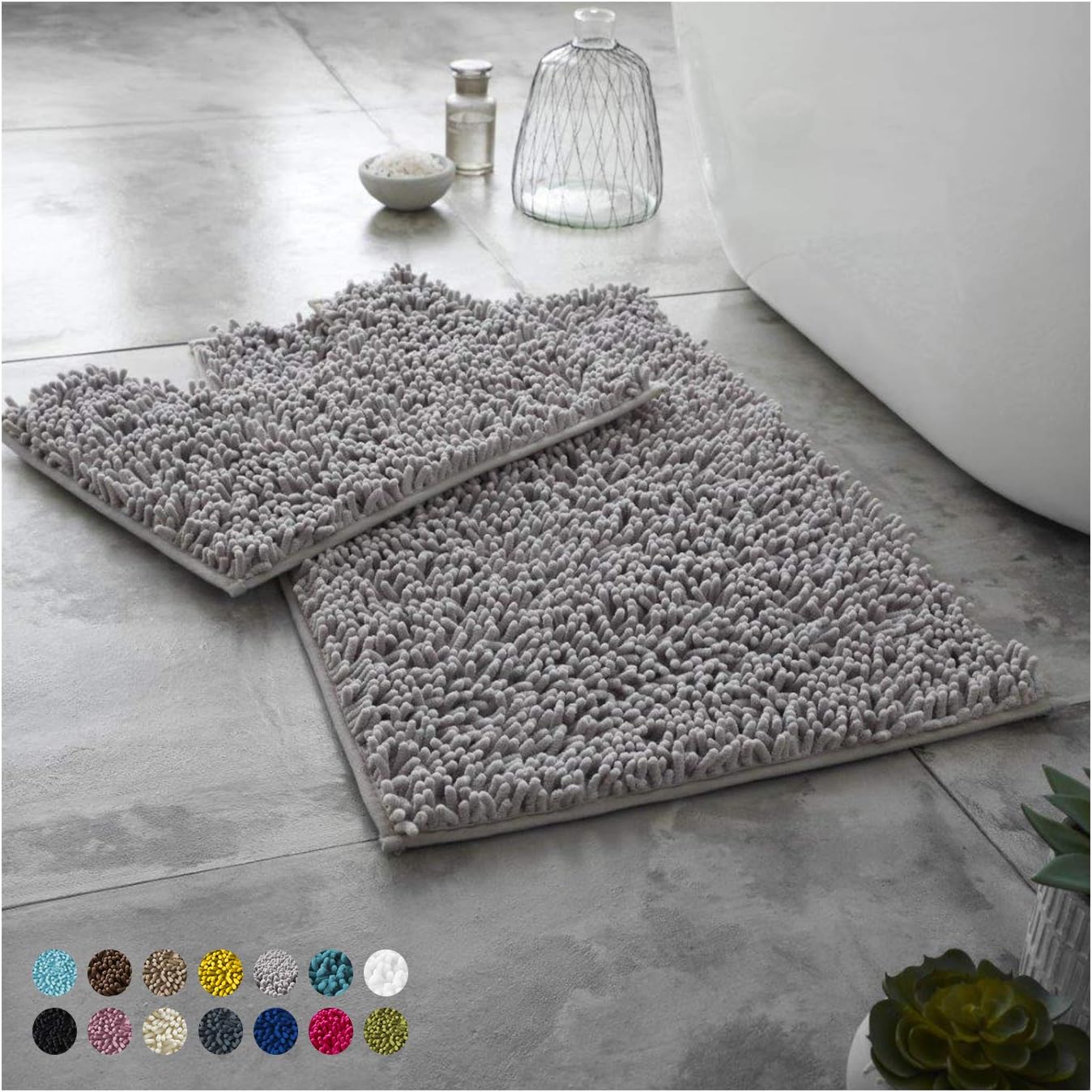 2 Piece Loop Bath Mats for Bathroom - Non Slip Chenille Bath Mat Set Rugs, Extra Soft with Water Absorbent Pedestal Bathmat Shower Toilet Mat