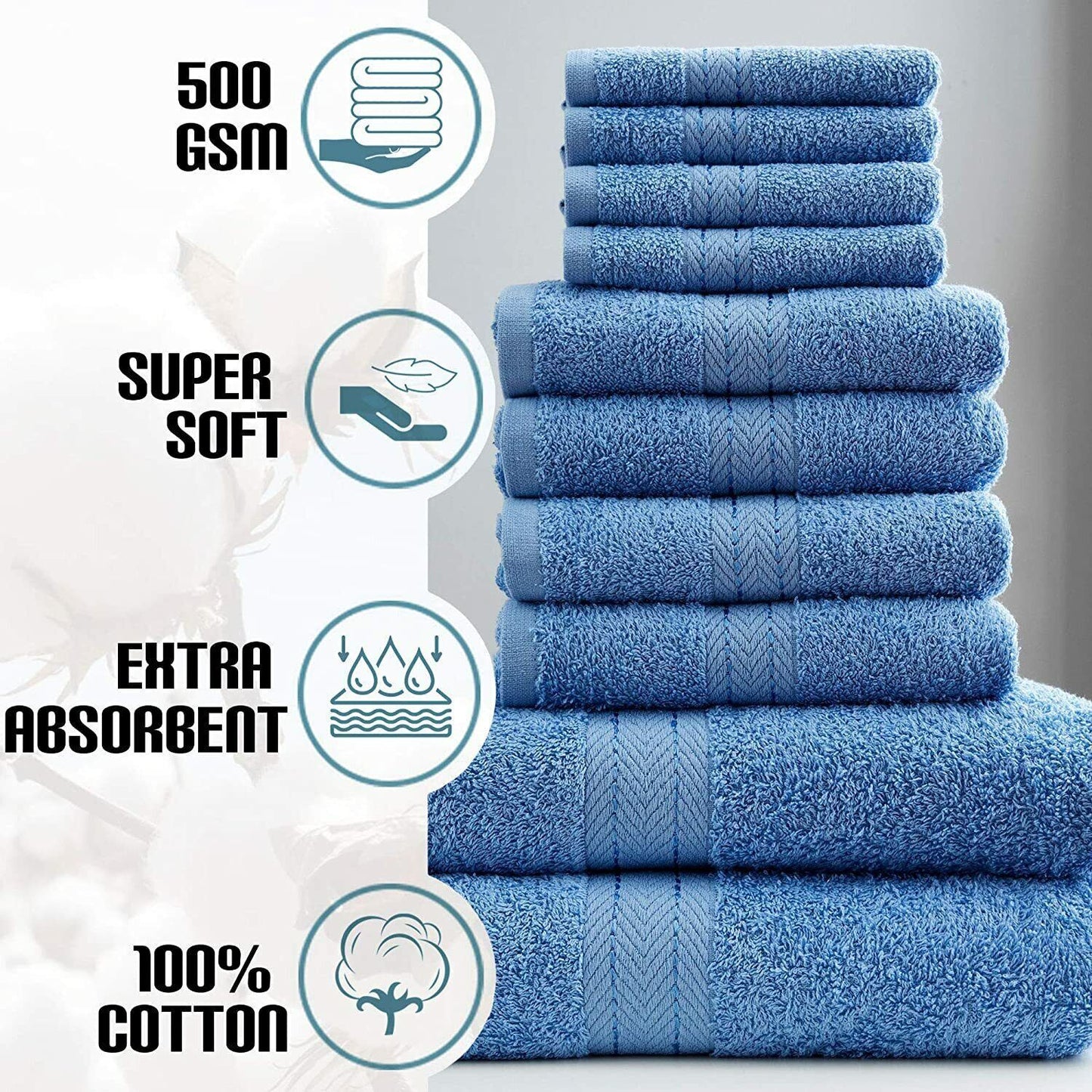 10-Piece Bale Set Bathroom Towels  4x Hand, 4x face Cloths, 2x Bath Towels 100% Cotton Quick Dry Soft Absorbent