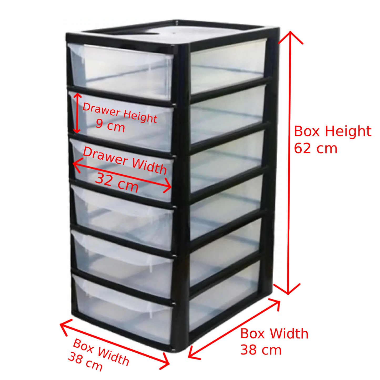 PLASTIC STORAGE DRAWERS 6 TIER A4| SMALL CLEAR BLACK & SILVER TOWER UNIT | OFFICE DESKTOP TABLETOP ORGANISER HOME SCHOOL BEDROOM LIVING ROOM | 62 cm HEIGHT, 38 cm DEPTH, 38 cm WIDTH