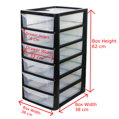 PLASTIC STORAGE DRAWERS 6 TIER A4| SMALL CLEAR BLACK & SILVER TOWER UNIT | OFFICE DESKTOP TABLETOP ORGANISER HOME SCHOOL BEDROOM LIVING ROOM | 62 cm HEIGHT, 38 cm DEPTH, 38 cm WIDTH