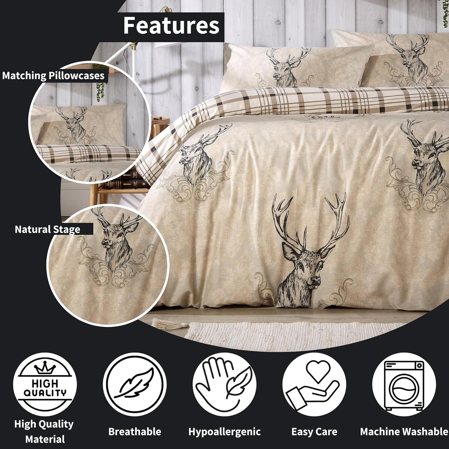 Highland Stag Reversible Duvet Cover Quilt Bedding 3 Pcs Set With Matching Pillowcase Polycotton