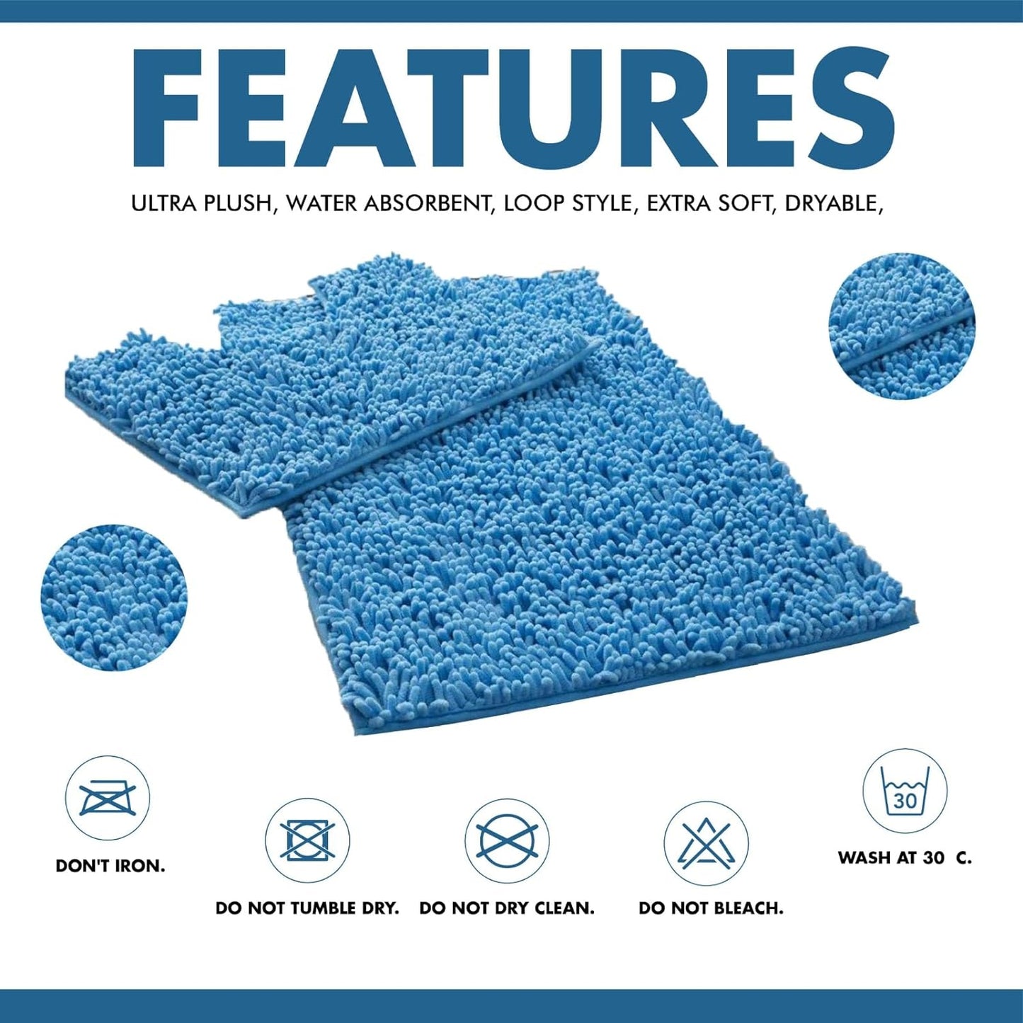 2 Piece Loop Bath Mats for Bathroom - Non Slip Chenille Bath Mat Set Rugs, Extra Soft with Water Absorbent Pedestal Bathmat Shower Toilet Mat