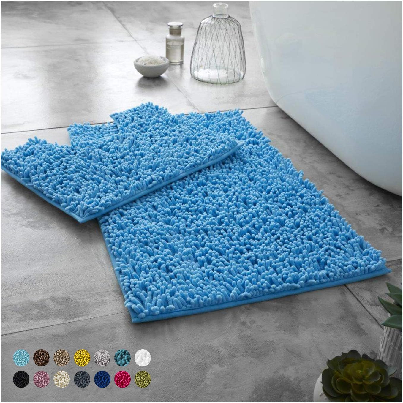 2 Piece Loop Bath Mats for Bathroom - Non Slip Chenille Bath Mat Set Rugs, Extra Soft with Water Absorbent Pedestal Bathmat Shower Toilet Mat