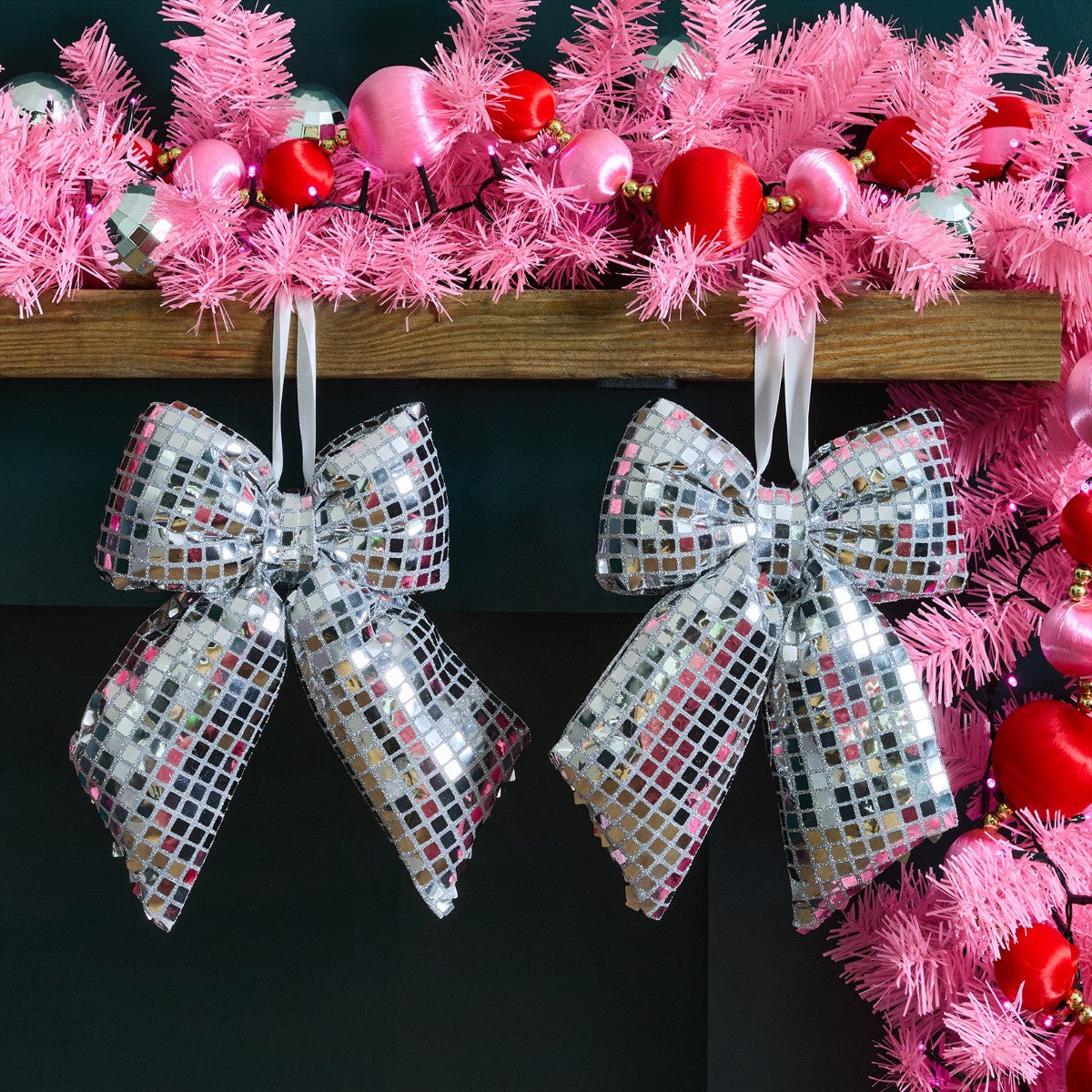 Silver disco ball bow 4 pack Christmas tree decorations - glam mirrored