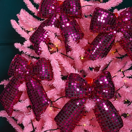Hot pink disco ball bow 4 pack Christmas decorations - Pinkmas glam