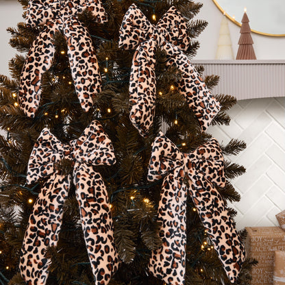 Leopard print hanging bows 4 pack natural Christmas tree decorations - trend