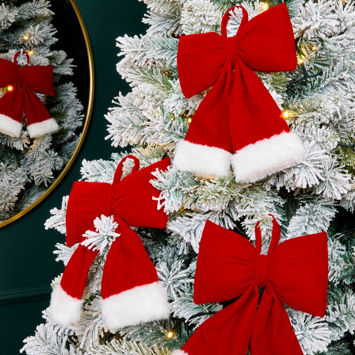 Red hanging bows 4 pack Christmas tree decorations - classic festive
