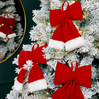 Red hanging bows 4 pack Christmas tree decorations - classic festive