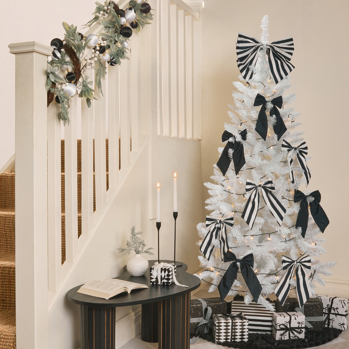 Monochrome striped bow Christmas tree topper 8 pack bow set - modern designer