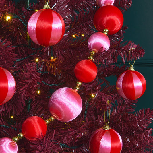 Pink red striped baubles 8 pack garland set - Pinkmas Christmas decoration