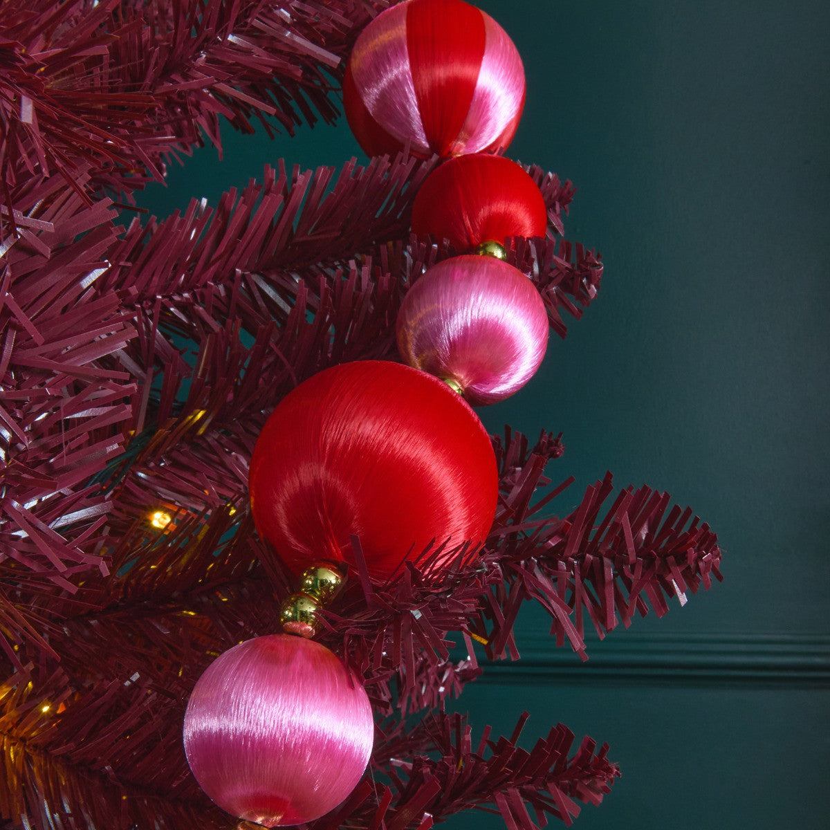 Pink red striped 6cm bauble close-up satin finish - Pinkmas ornament