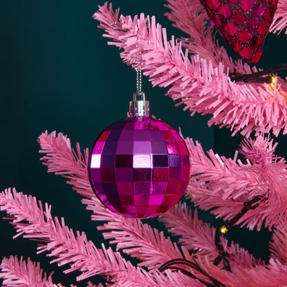 Pink mirrored baubles styled on Christmas tree - Barbiecore Pinkmas