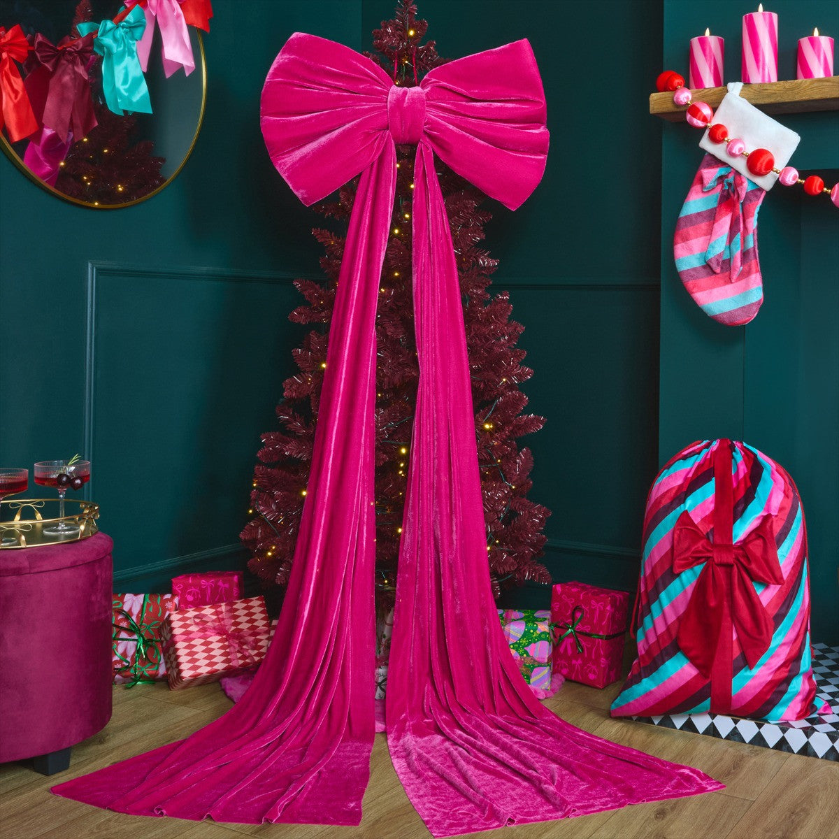 Hot pink velvet Christmas tree bow oversized 177cm - Pinkmas luxury decoration