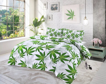 Cannabis Marijuana Leaf Weed Green Print Duvet Cover and Pillowcase Bedding Set