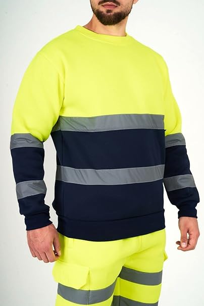 Men’s Hi Vis Work Safety Fleece Jumpers Two Tone Crew Neck Sweatshirt Security Workwear Pullover Top
