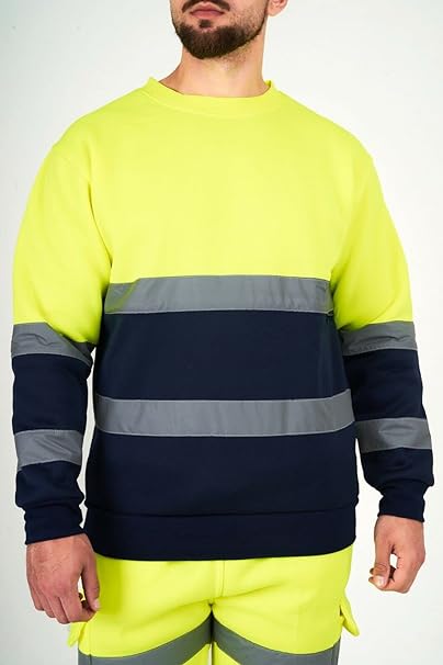 Men’s Hi Vis Work Safety Fleece Jumpers Two Tone Crew Neck Sweatshirt Security Workwear Pullover Top